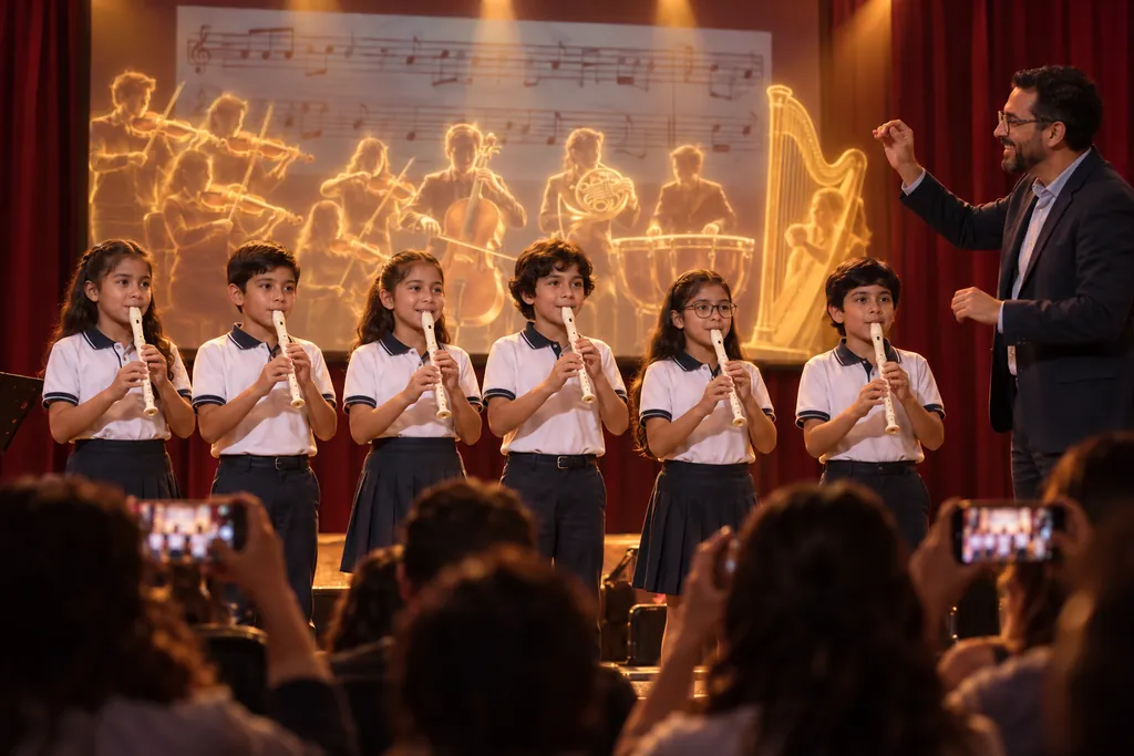 Niños en el escenario tocando flauta dulce con una orquesta de luz detrás, mientras sus papás los graban